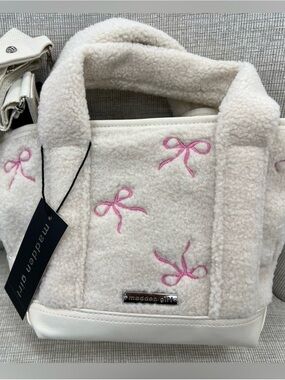 Madden Girl Cream Sherpa Tote with Pink Bow Embroidery